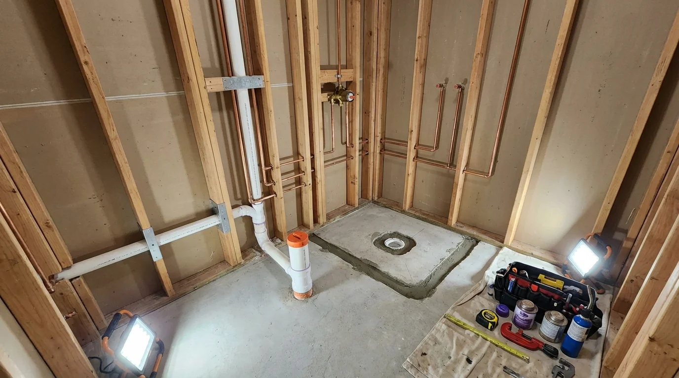 Bathroom rough-in plumbing during remodel by Johns Plumbing LLC in Hamburg