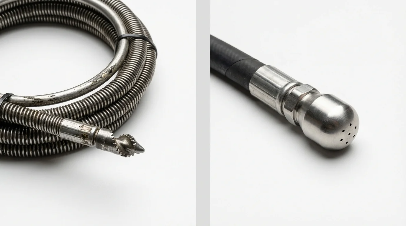 Drain snake cable and hydro jetting nozzle used for drain cleaning in Hamburg, NY