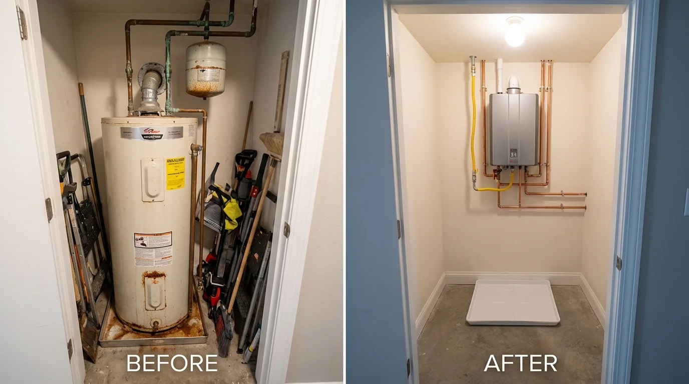 Tank water heater versus wall-mounted tankless unit comparison for Hamburg, NY homeowners