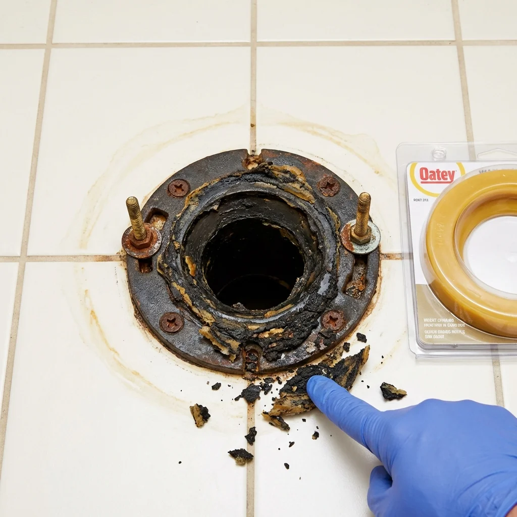 Failed wax ring showing water seepage at the base of a toilet in a Hamburg, NY home